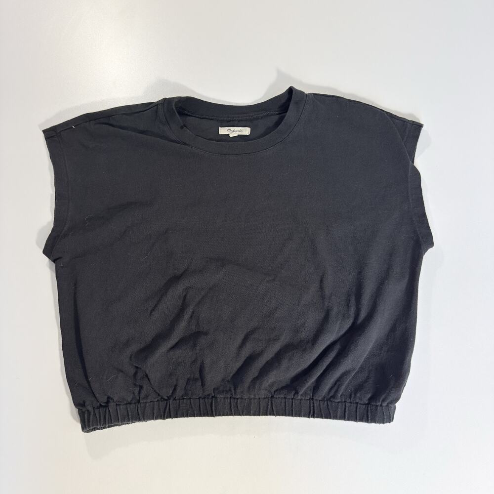 Madewell Womens L Black Cropped Sleeveless Tee Short Cap Sleeve Cotton Top